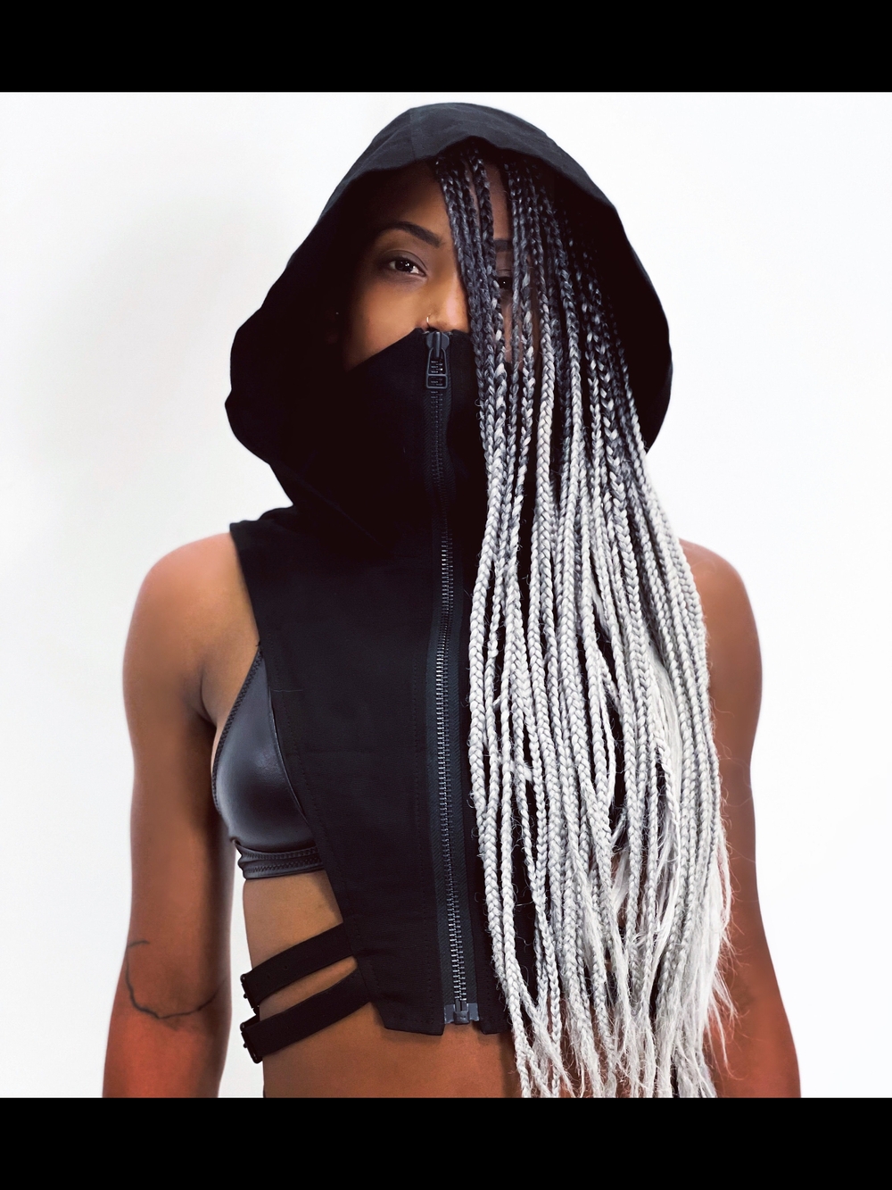 NINJA KOMBAT HOOD Techwear Crop Top Vest in Jet Black Canvas Sleeveless Hooded
